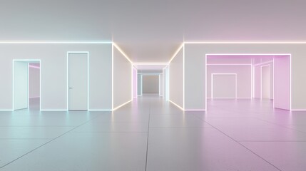 Aufkleber - Large, empty room with neon lights and a neon pink wall. The room is very bright and colorful, giving it a futuristic and energetic vibe