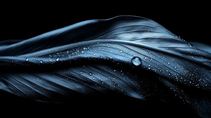 Poster - Leaf with water droplets on it. The water droplets are small and scattered, giving the impression of a light rain. The leaf itself is dark and has a wavy texture