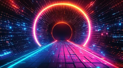 Fototapete - Neon colored tunnel with a red and blue light. The tunnel is dark and the light is glowing