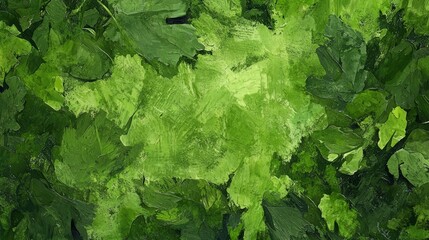 Poster - Painting of a lush green field filled with various types of leaves and stems. The painting is vibrant and full of life, with each leaf and stem appearing to be in motion