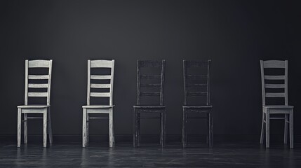 Aufkleber - Row of four wooden chairs are lined up against a wall. The chairs are all the same color, but one is slightly darker than the others. The chairs are empty, and the room is dark