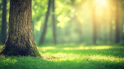 Poster - Tree trunk is in the foreground of a lush green field. The sun is shining brightly, casting a warm glow on the grass. The scene is peaceful and serene, with the tree providing a sense of stability