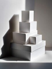 Fototapete - Stacked White Packaging Boxes Creating Shadows in Clean Studio Setting Generative AI