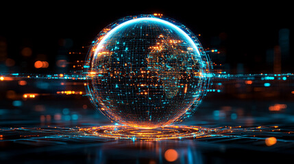 Wall Mural - a glowing globe surrounded by swirling gold, silver, white, and blue energy lines on a radiant backg