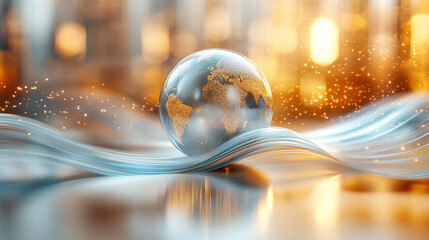 Wall Mural - a glowing globe surrounded by swirling gold, silver, white, and blue energy lines on a radiant backg