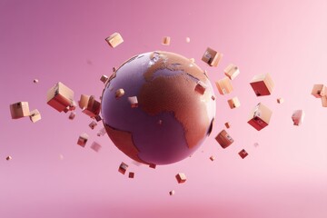 Aufkleber - Abstract Globe Innovatively Surrounded by Flying Packages in a Vibrant Setting Highlighting Global Logistics Generative AI