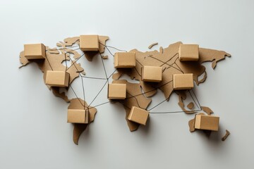 Aufkleber - Cardboard Cutout World Map With Connecting Boxes Illustrating Global Logistics and Supply Chain Routes Generative AI