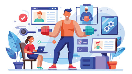 Leinwandbilder - Vector illustration of a person managing tasks and data with technology in a bright and modern office environment, showcasing multitasking skills and productivity