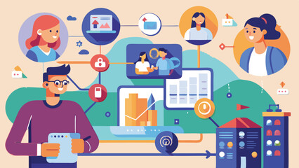 Aufkleber - Creative vector illustration showcasing digital communication and networking activities among diverse people in a visually engaging environment