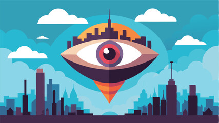 Poster - Vector illustration of a large eye hovering above a stylized city skyline with clouds, showcasing a vibrant and imaginative urban landscape