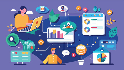 Aufkleber - Creative vector illustration showcasing digital communication and networking activities among diverse people in a visually engaging environment