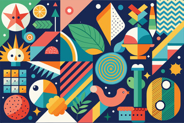 Poster - Colorful geometric vector illustration featuring various shapes, patterns, and vibrant colors ideal for modern design projects and creative backgrounds