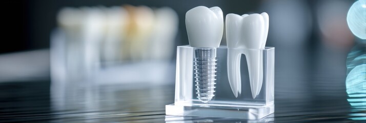 Aufkleber - Close-up View of a Clean White Dental Implant Alongside a Natural Tooth in a Clear Gum Model Setting Generative AI