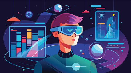 Fototapete - Futuristic vector illustration of a person in a high-tech environment with data displays, planets, and holograms highlighting a blend of science and technology
