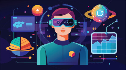 Poster - Futuristic vector illustration of a person in a high-tech environment with data displays, planets, and holograms highlighting a blend of science and technology