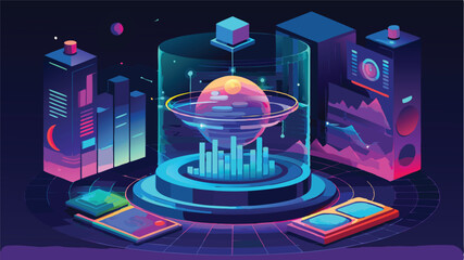 Leinwandbilder - Vector illustration of a digital data visualization environment featuring graphs, charts, and geometric shapes in vibrant colors and futuristic design