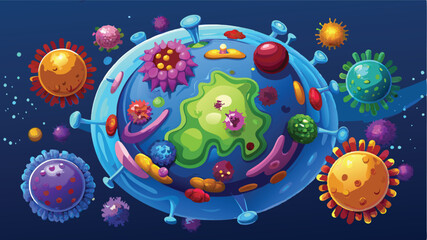 Fototapete - Colorful vector illustration of viruses and bacteria floating in a microscopic world showcasing diverse shapes and sizes in a vibrant biological landscape