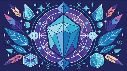 Leinwandbilder - Colorful vector illustration featuring crystals and leaves arranged in a geometric pattern against a dark blue background, perfect for mystical themes or decorative use
