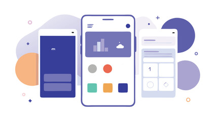Aufkleber - Vector illustration of modern mobile application interface showcasing data visualization and interaction design with vibrant shapes and colors in a minimalistic layout