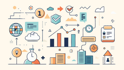 Poster - Colorful vector illustration depicting various data analysis elements including graphs, charts, and icons commonly found in a business or technology environment