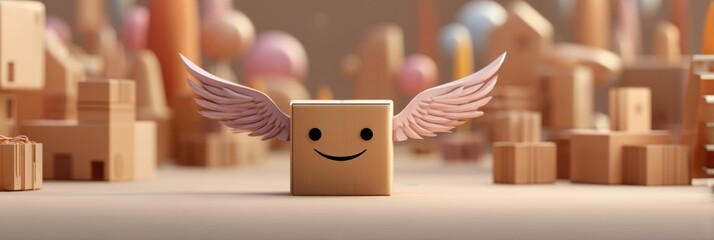 Leinwandbilder - Smiling Box With Delivery Wings Joyfully Floating Over a Whimsical World of Colorful Buildings and Playful Structures Generative AI