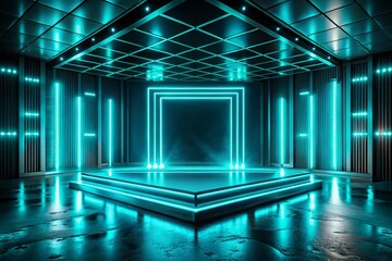 Wall Mural - futuristic empty stage teal neon lights dark room abstract background