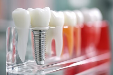 Aufkleber - Close-up View of a Clean White Dental Implant Next to a Natural Tooth in a Transparent Gum Model for Implant Demonstration Generative AI