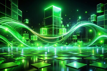 Wall Mural - glowing green neon fluid swirl abstract background - futuristic data transfer wallpaper