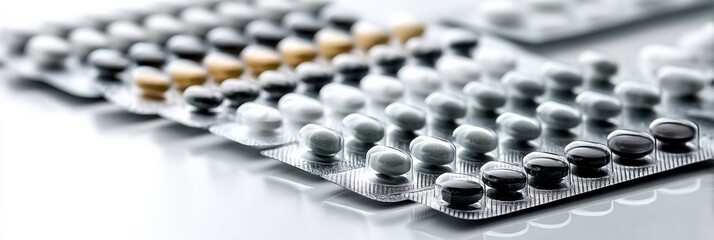 Poster - Blister Packs of Assorted Pills Arranged Diagonally on a Clean Surface Reflecting Natural Light Generative AI
