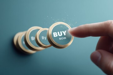 Aufkleber - Buyer Clicks Buy Now Button With Floating Coins in a Digital Shopping Experience Generative AI