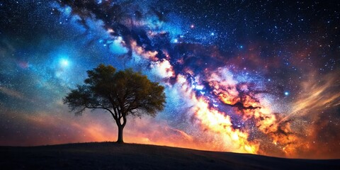 Wall Mural - Lonely Tree Silhouette Starry Night Sky Surreal Landscape Photography