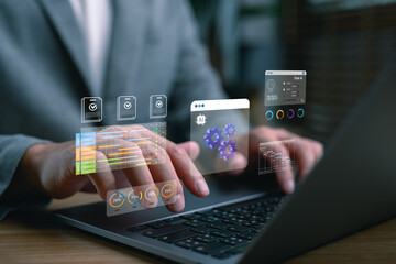 Poster - Businessman working on laptop with AI automation system, project management dashboard, digital workflow, and data analytics concept for technology innovation and business efficiency.