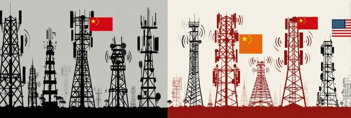 Fototapete - 5G Towers With US and China Flags Emitting Signal Disruption in Urban Setting During Daytime Generative AI