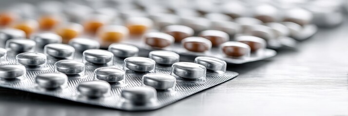 Poster - Blister Packs of Pills Arranged Neatly on a Clean Surface Showcasing Various Colors and Shapes for Health and Wellness Generative AI