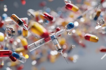 Aufkleber - Floating Capsules, Vials, and Syringes Create an Abstract Representation of the Medical World in Vibrant Colors Generative AI