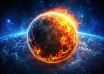 silhouette of dead planet against dark blue nebula - cosmic apocalyptic scene
