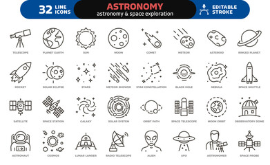 astronomy and space exploration icon set. thin line editable stroke icons for astrophysics, planets,