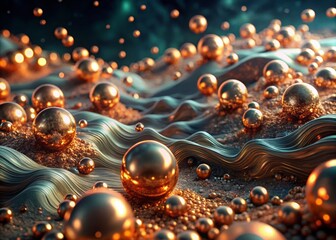 Wall Mural - surreal copper landscape with glowing particles - 3d rendered abstract art