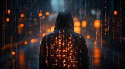 Digital Hacker Concept with Glowing Binary Code and Hooded Figure, Minimalist Dark Background