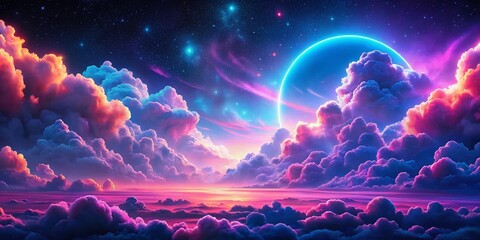 Wall Mural - synthwave sunset: retrofuturistic nightscape with vaporwave clouds