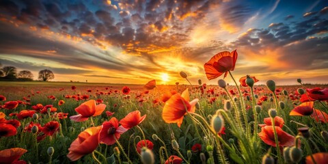 Wall Mural - Vibrant Poppy Field Sunset Long Exposure Photography