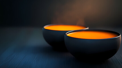 Wall Mural - Two bowls of pumpkin soup in a close-up view, set against a dark background. beautiful simple ai generated image. [Neon Folklore] | Synth Spirits | generated essence. Illustration