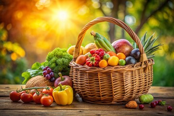 Wall Mural - Wicker Basket Overflowing with Freshly Harvested Produce, Bokeh Background
