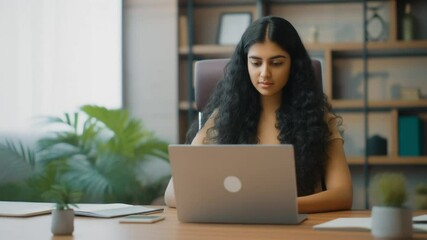 Young professional it specialist latin hispanic business lady working on laptop pc sitting at desk in modern office space. 30s middle eastern indian woman using computer technology app for work
