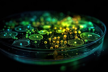 Leinwandbilder - Resistant Bacteria Colonies Illuminated in an Artistic Petri Dish Creating a Stunning Display of Colors in a Dark Environment Generative AI