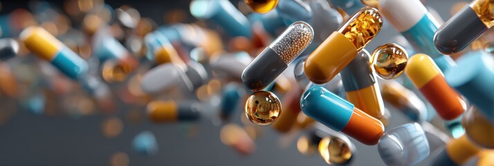 Poster - Floating Capsules and Vials Create an Abstract Representation of the Medicine World in Dynamic Motion Generative AI