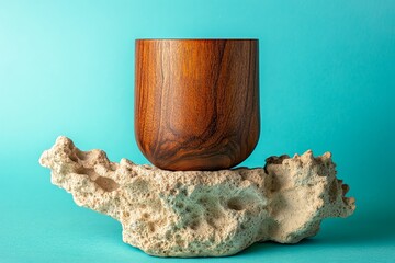 Poster - Wooden vessel resting on a textured, light-colored stone.