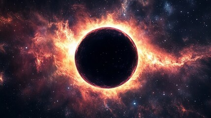 black planet glowing amidst nebulae; celestial event in dark cosmic background