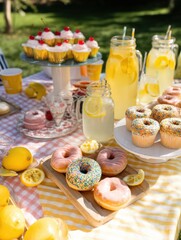 Aufkleber - Bright Picnic Spread Featuring Donuts, Cupcakes, and Refreshing Lemonade for a Joyful Outdoor Gathering Generative AI