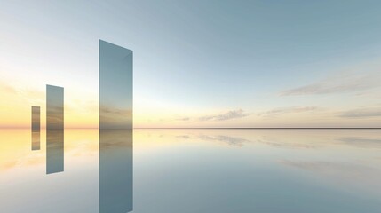 Fototapete - Abstract minimalist cityscape with three glass skyscrapers reflecting sunset over calm water, clean gradient transition from light blue to golden yellow under clear sky, modern architecture with geome